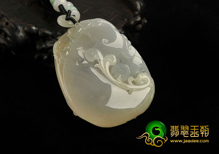 冰种淡黄翡略飘花缅甸翡翠A货龙凤呈祥挂件