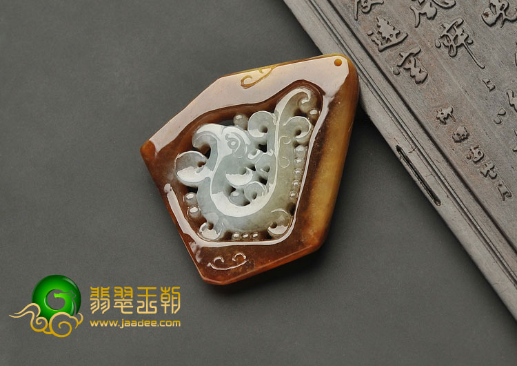 糯冰种褐红黄翡缅甸翡翠A货仿古凤牌挂件