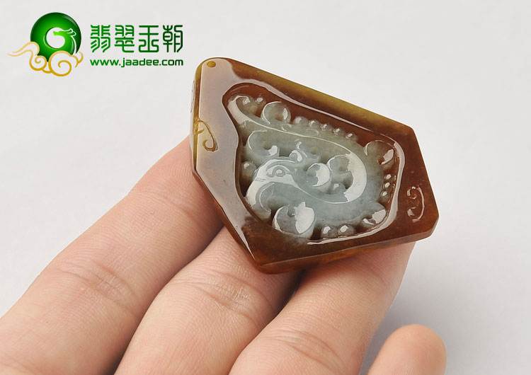 糯冰种褐红黄翡缅甸翡翠A货仿古凤牌挂件