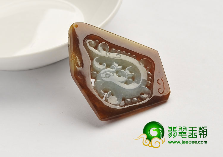 糯冰种褐红黄翡缅甸翡翠A货仿古凤牌挂件