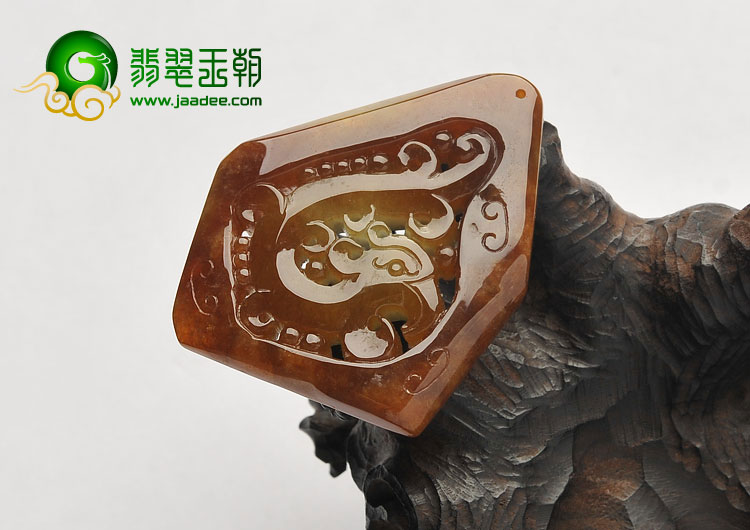 糯冰种褐红黄翡缅甸翡翠A货仿古凤牌挂件
