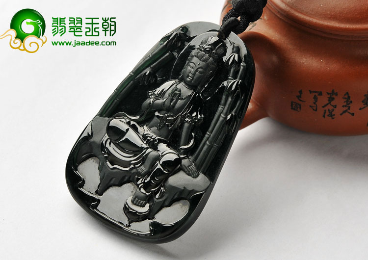 玻璃种墨翠缅甸翡翠A货观音挂件