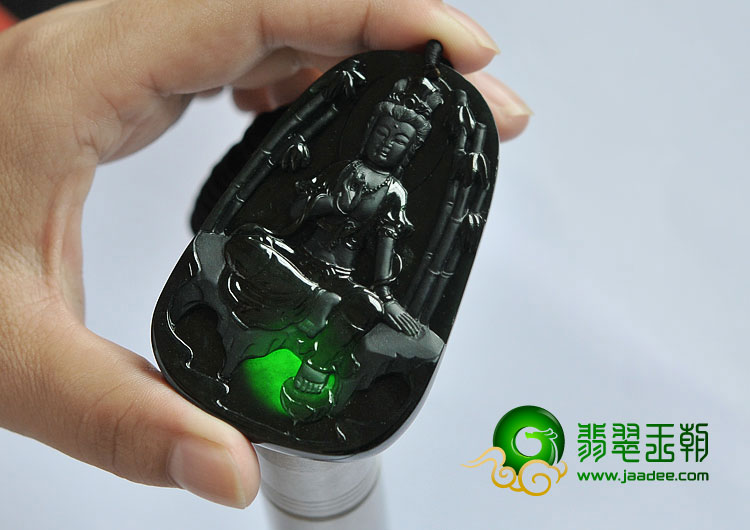 玻璃种墨翠缅甸翡翠A货观音挂件