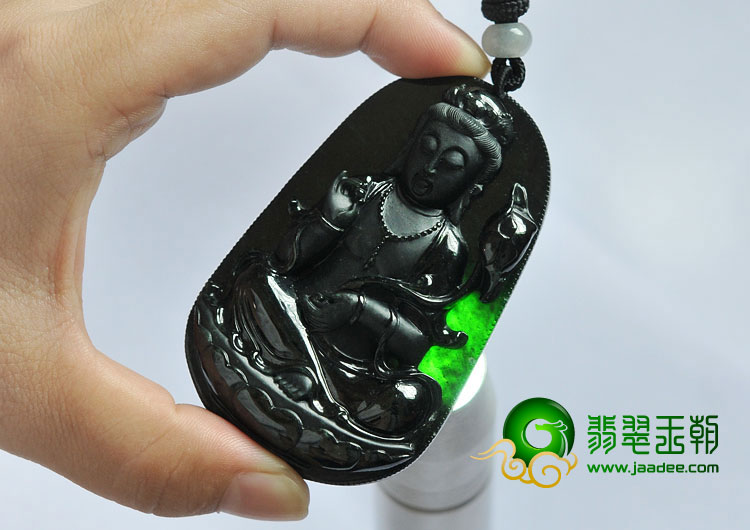 冰种墨翠缅甸翡翠A货大势至菩萨挂件