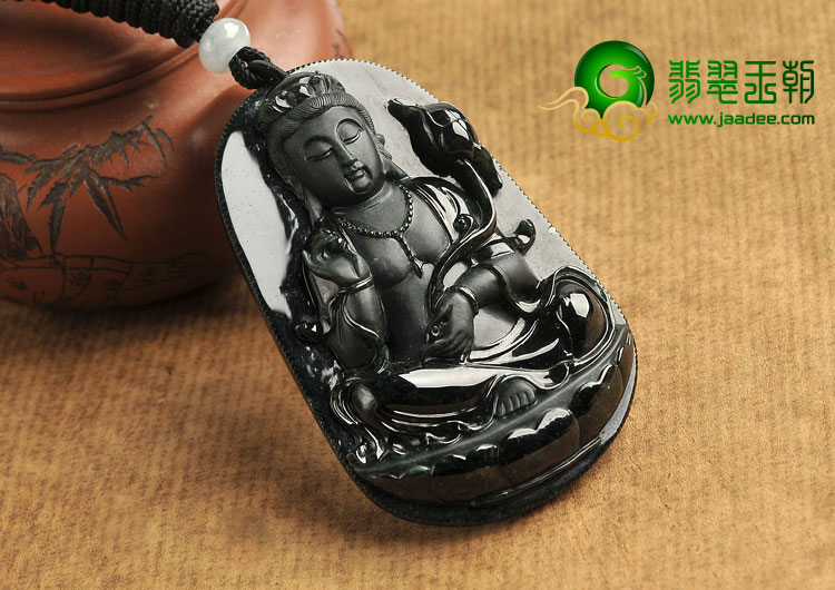 冰种墨翠缅甸翡翠A货大势至菩萨挂件