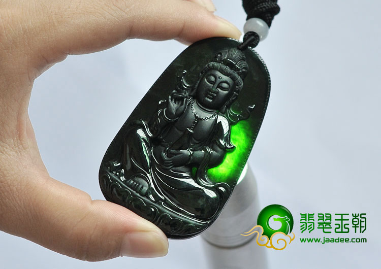 （超值推荐）冰种墨翠缅甸翡翠A货观音挂件