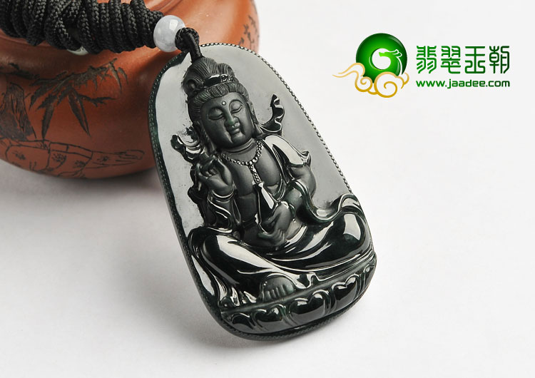 （超值推荐）冰种墨翠缅甸翡翠A货观音挂件