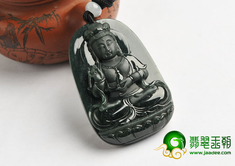 （超值推荐）冰玻种墨翠缅甸翡翠A货观音挂件