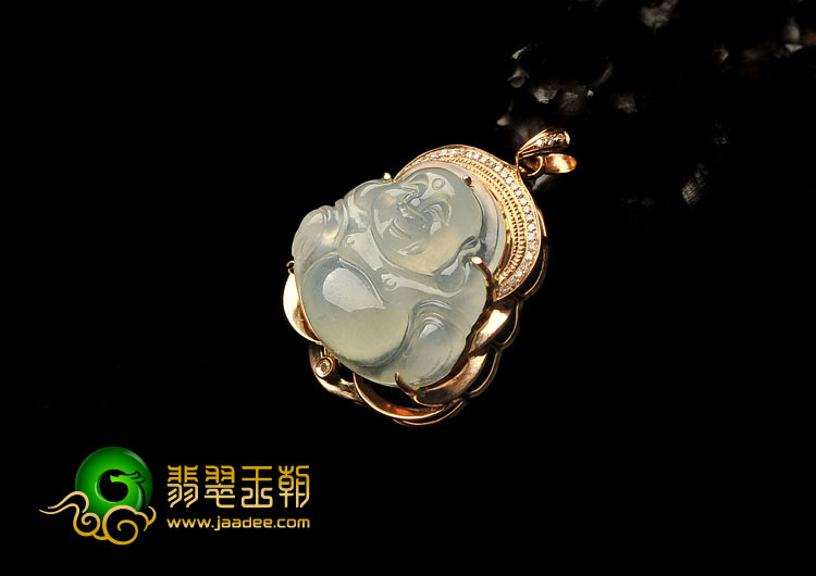 冰种晴水缅甸翡翠A货镶玫瑰金玉佛胸坠（真钻）