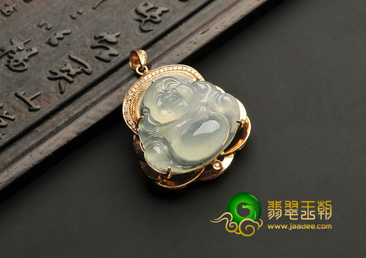 冰种晴水缅甸翡翠A货镶玫瑰金玉佛胸坠（真钻）