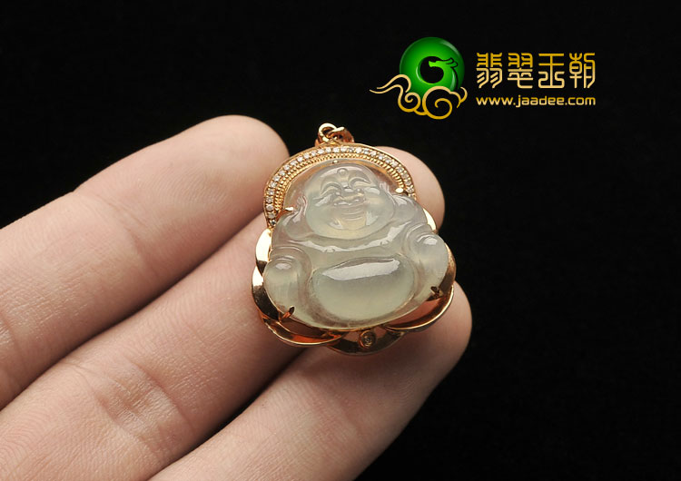 冰种晴水缅甸翡翠A货镶玫瑰金玉佛胸坠（真钻）