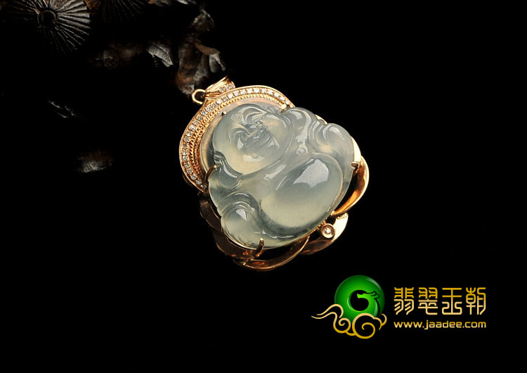 冰种晴水缅甸翡翠A货镶玫瑰金玉佛胸坠（真钻）