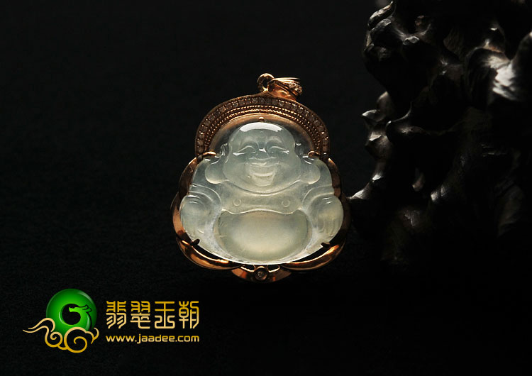 冰种晴水缅甸翡翠A货镶玫瑰金玉佛胸坠（真钻）