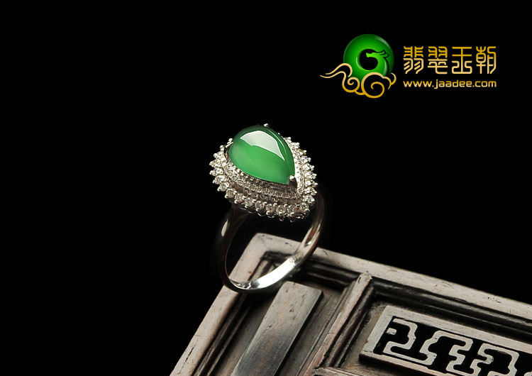 冰玻种黄秧绿缅甸翡翠A货镶白金满绿水滴戒指（真钻）