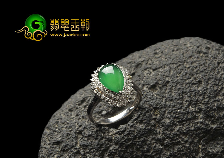 冰玻种黄秧绿缅甸翡翠A货镶白金满绿水滴戒指（真钻）