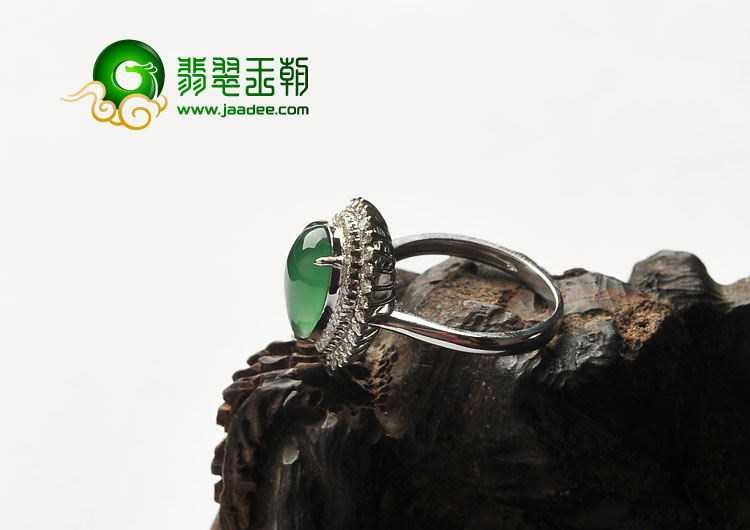 冰玻种黄秧绿缅甸翡翠A货镶白金满绿水滴戒指（真钻）