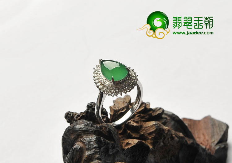 冰玻种黄秧绿缅甸翡翠A货镶白金满绿水滴戒指（真钻）