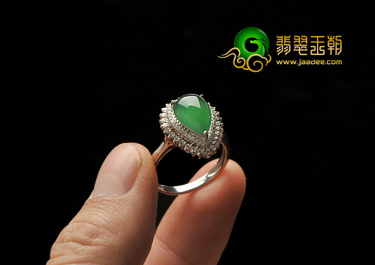 冰玻种黄秧绿缅甸翡翠A货镶白金满绿水滴戒指（真钻）