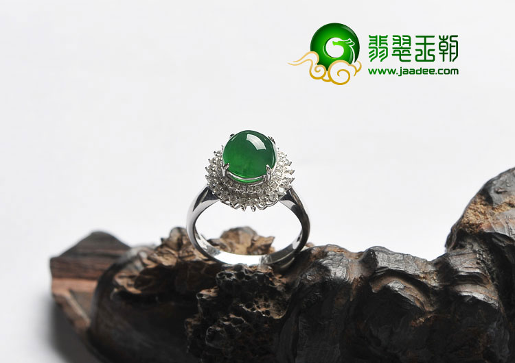 冰种正阳绿缅甸翡翠A货镶白金满绿戒指（真钻）