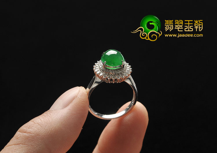 冰种正阳绿缅甸翡翠A货镶白金满绿戒指（真钻）