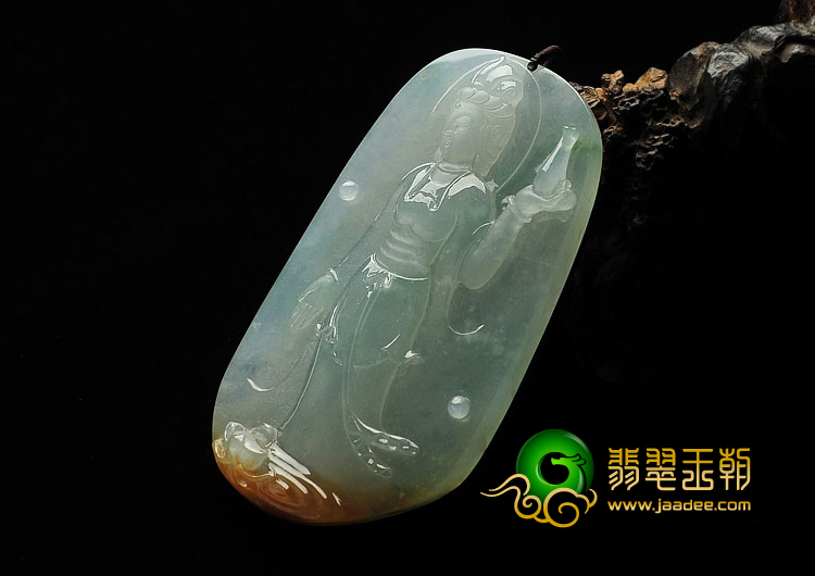 （超值推荐）冰种飘花略带褐黄翡缅甸翡翠A货站观音挂件