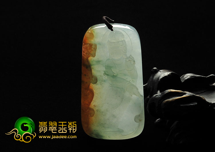 冰种褐黄翡飘花缅甸翡翠A货站观音挂件