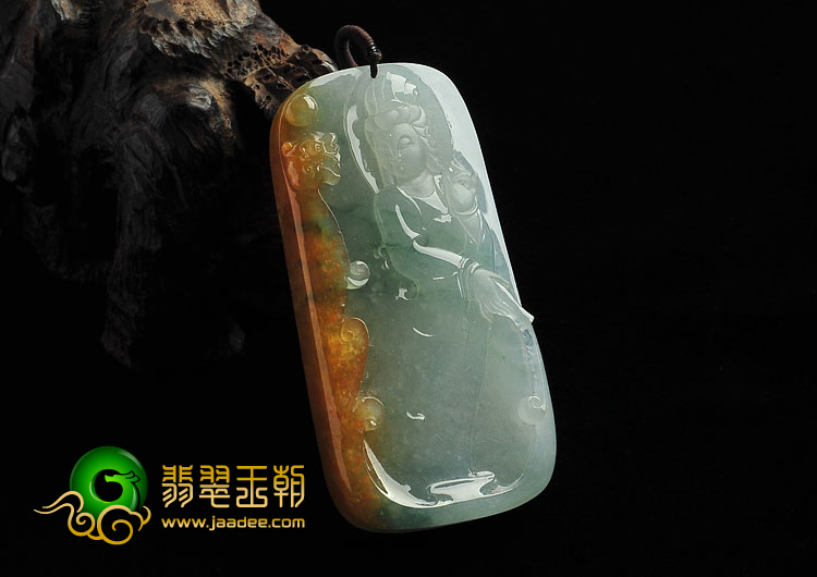 冰种褐黄翡飘花缅甸翡翠A货站观音挂件