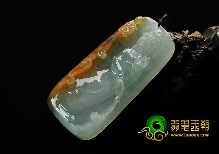 冰种褐黄翡飘花缅甸翡翠A货站观音挂件