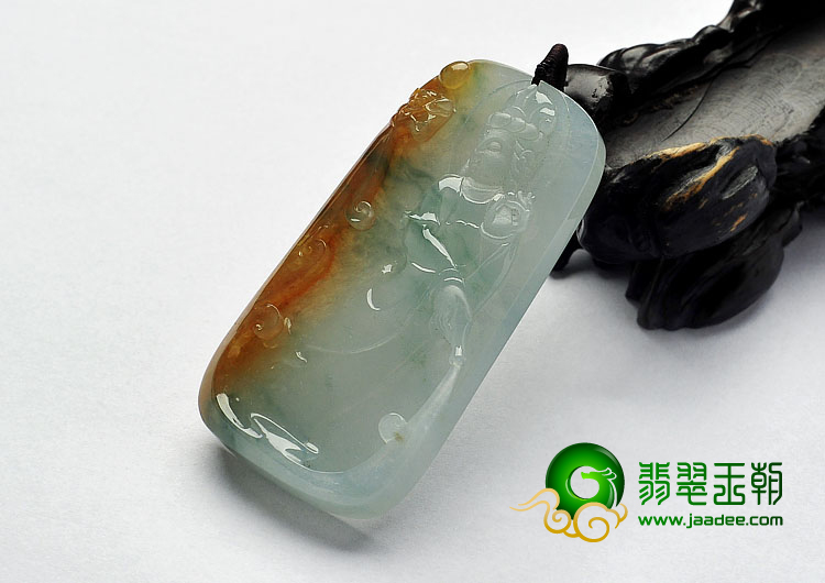 冰种褐黄翡飘花缅甸翡翠A货站观音挂件