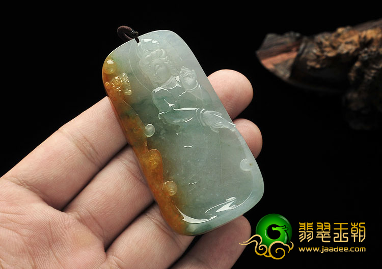冰种褐黄翡飘花缅甸翡翠A货站观音挂件