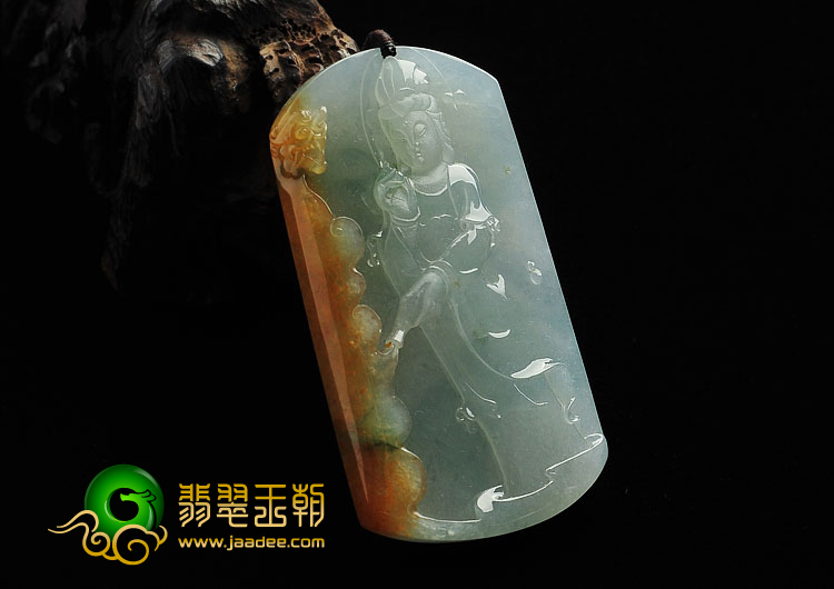 （超值推荐）冰种褐黄翡飘花缅甸翡翠A货站观音挂件