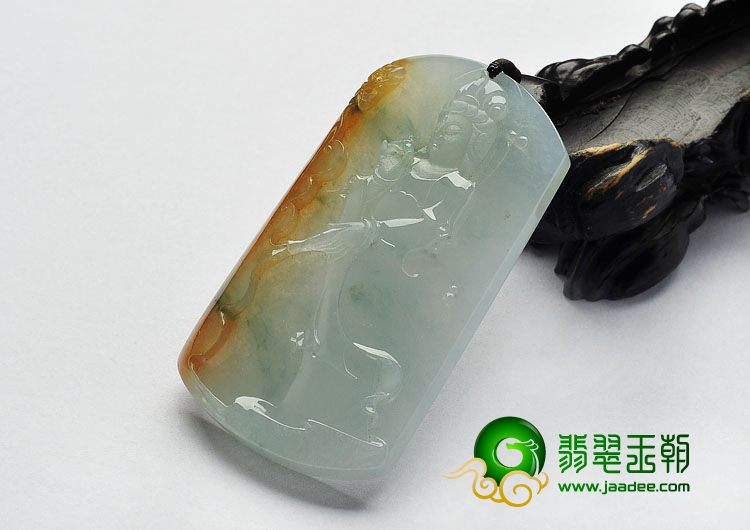 （超值推荐）冰种褐黄翡飘花缅甸翡翠A货站观音挂件