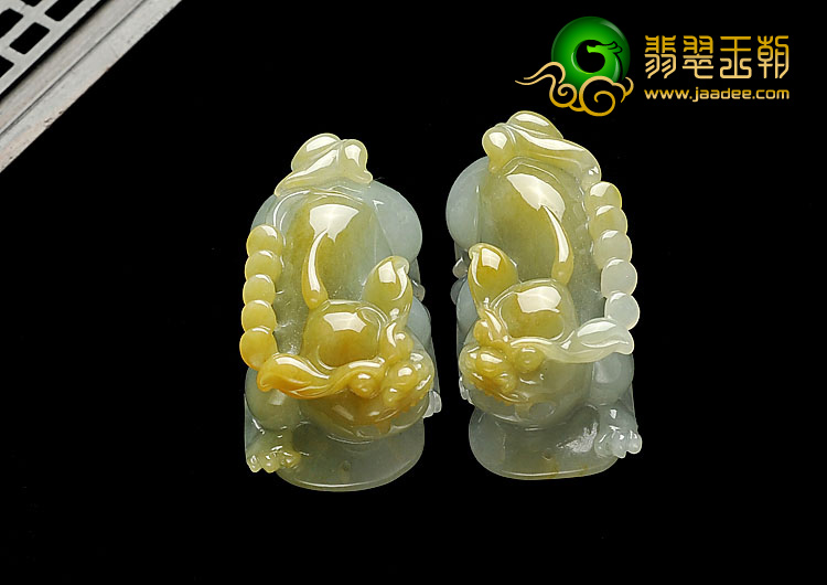 糯冰种晴水褐黄翡缅甸翡翠A货貔貅挂件（一对）