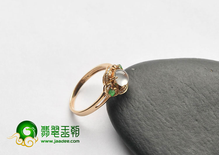 玻璃种无色缅甸翡翠A货镶玫瑰金戒指（真钻）