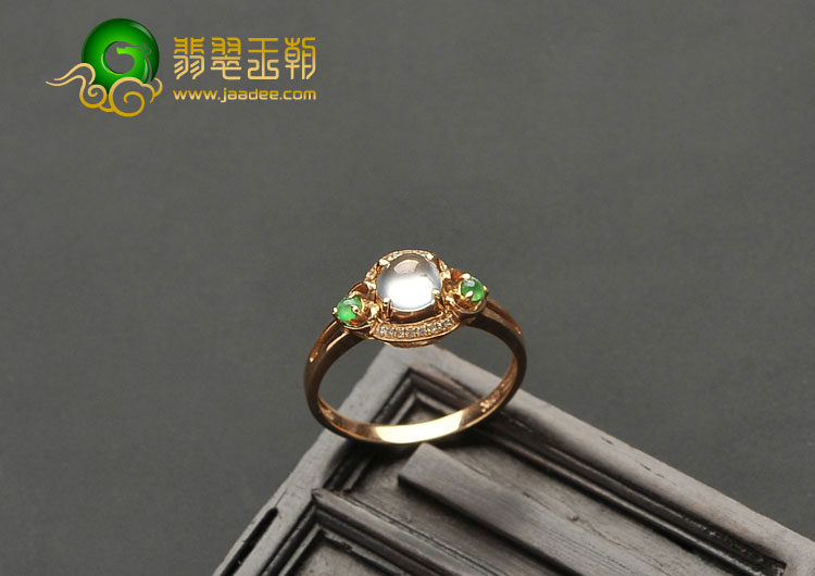 玻璃种无色缅甸翡翠A货镶玫瑰金戒指（真钻）