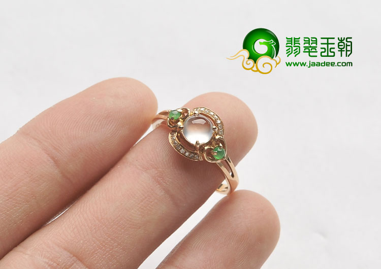 玻璃种无色缅甸翡翠A货镶玫瑰金戒指（真钻）