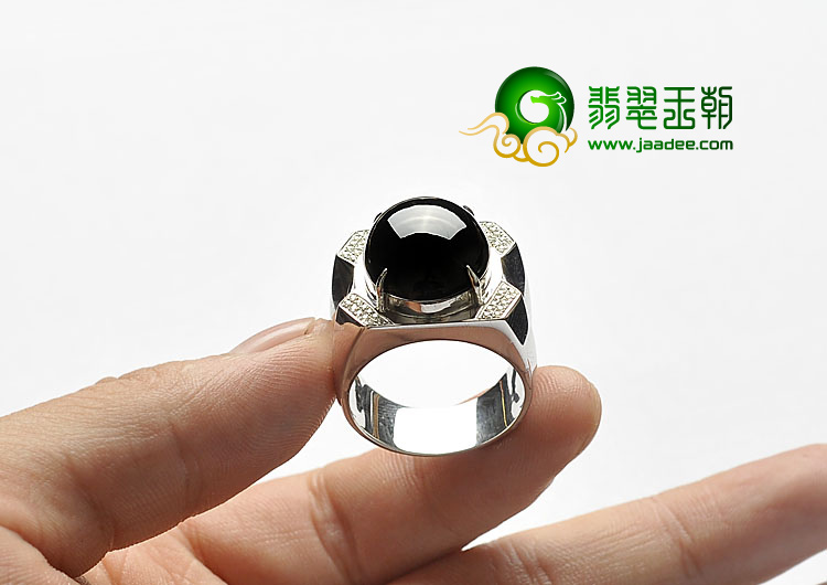 冰玻种墨翠缅甸翡翠A货银镀金戒指（水钻）