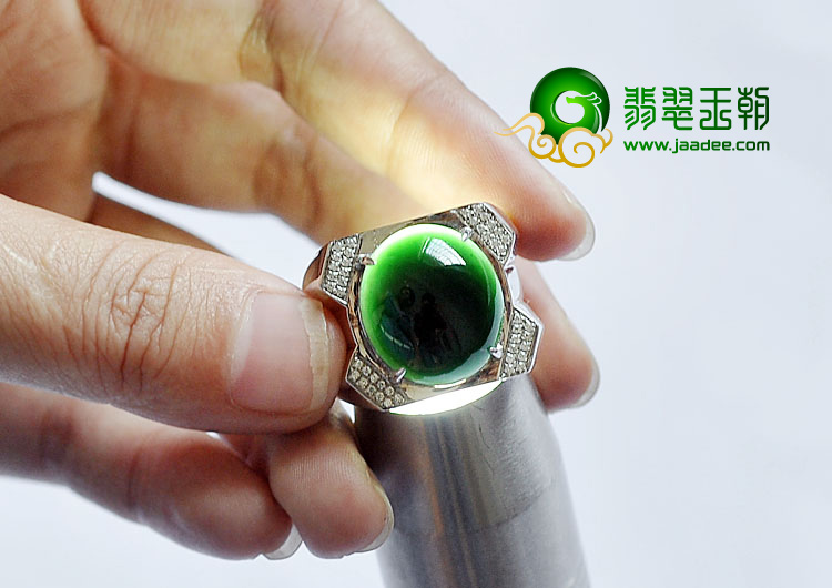冰玻种墨翠缅甸翡翠A货银镀金戒指（水钻）