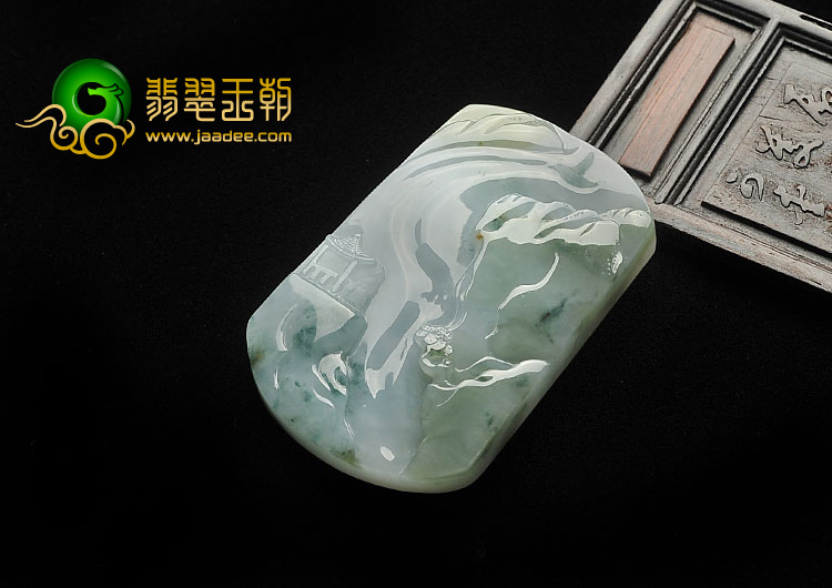(超值推荐)糯冰种飘花缅甸翡翠A货山水牌挂件