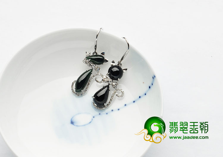 冰种墨翠缅甸翡翠A货镶白金猫和老鼠耳坠（真钻）