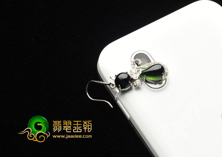 冰种墨翠缅甸翡翠A货镶白金猫和老鼠耳坠（真钻）