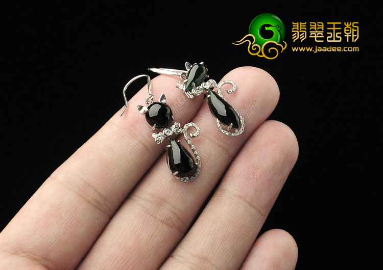 冰种墨翠缅甸翡翠A货镶白金猫和老鼠耳坠（真钻）