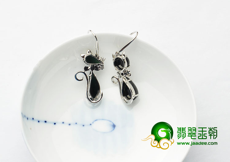 冰种墨翠缅甸翡翠A货镶白金猫和老鼠耳坠（真钻）