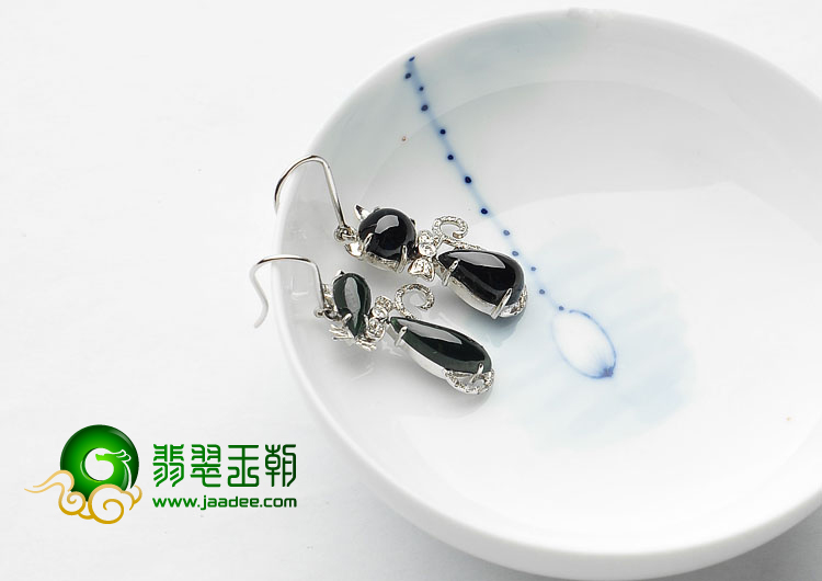 冰种墨翠缅甸翡翠A货镶白金猫和老鼠耳坠（真钻）