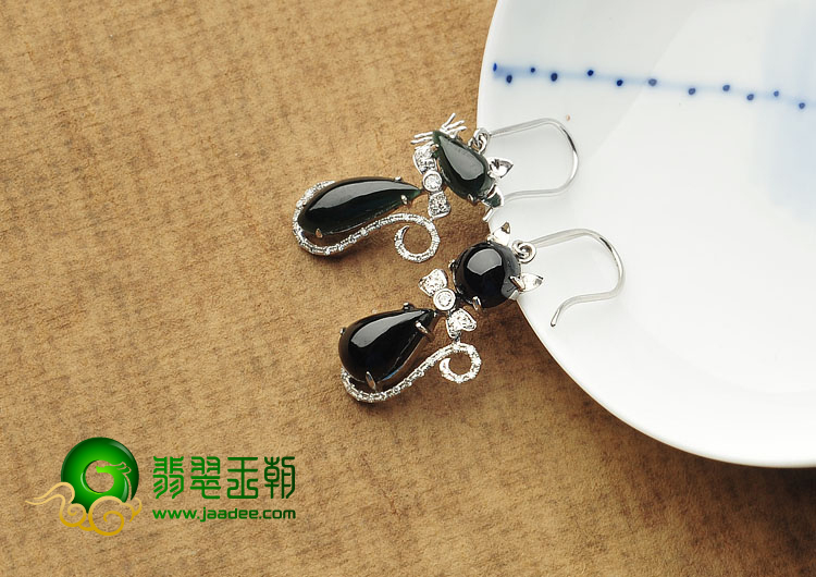 冰种墨翠缅甸翡翠A货镶白金猫和老鼠耳坠（真钻）