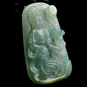 (超值推荐)冰种飘花略带黄翡缅甸翡翠A货观音挂件