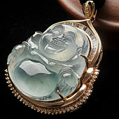 冰种飘花缅甸翡翠A货镶玫瑰金玉佛胸坠（真钻）