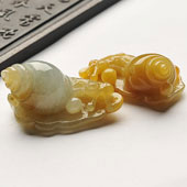 糯冰种黄翡缅甸翡翠A货安居乐业挂件（一对）