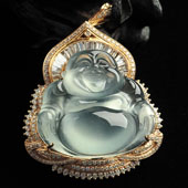 冰玻种淡晴水缅甸翡翠A货镶玫瑰金玉佛胸坠（真钻）
