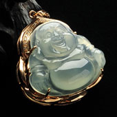 冰种晴水缅甸翡翠A货镶玫瑰金玉佛胸坠